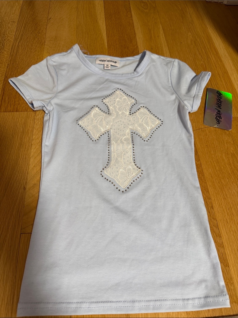 Girls' Light Blue Short-Sleeve Tee with Lace Cross & Stud Detail